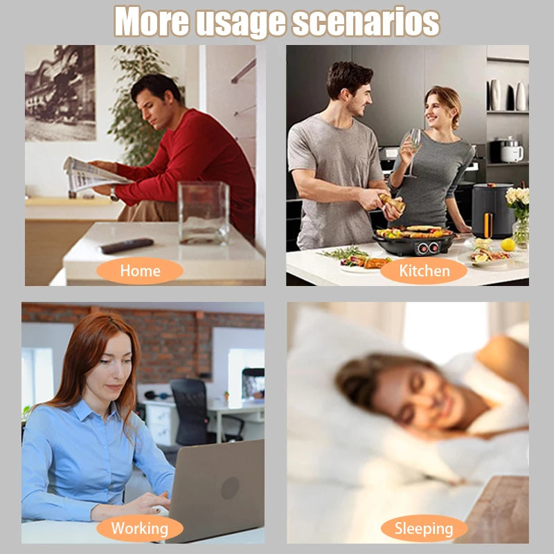 Collage of four scenarios showing a product in use at home, kitchen, working, and sleeping.