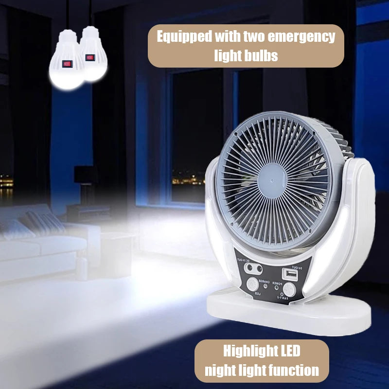 Portable fan with emergency light bulbs and night light function in a dark room setting.