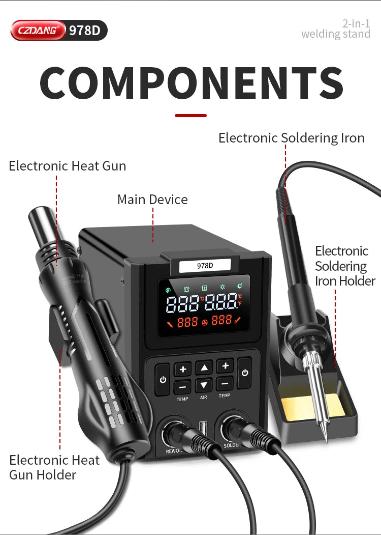 2-in-1 Hot Air Heat Gun and Soldering Iron - SMD Rework Station Dual LED Display
