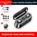 Black wireless earbuds with charging case on a white background, featuring text about features and free gifts.