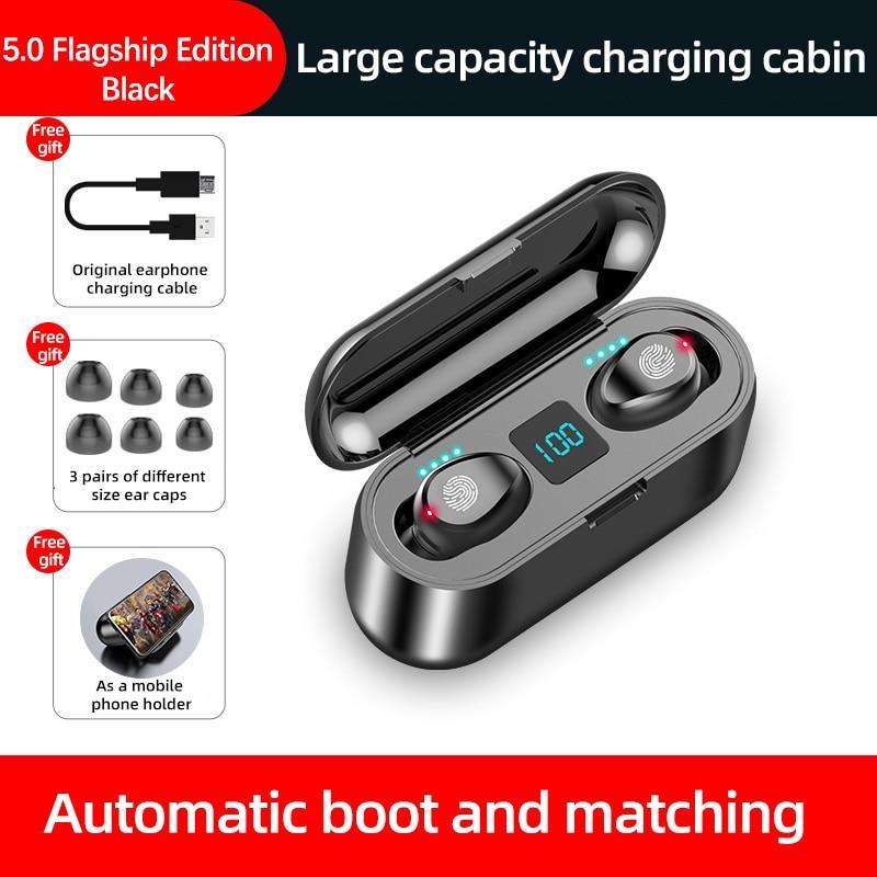 Black wireless earbuds with charging case on a white background, featuring text about features and free gifts.