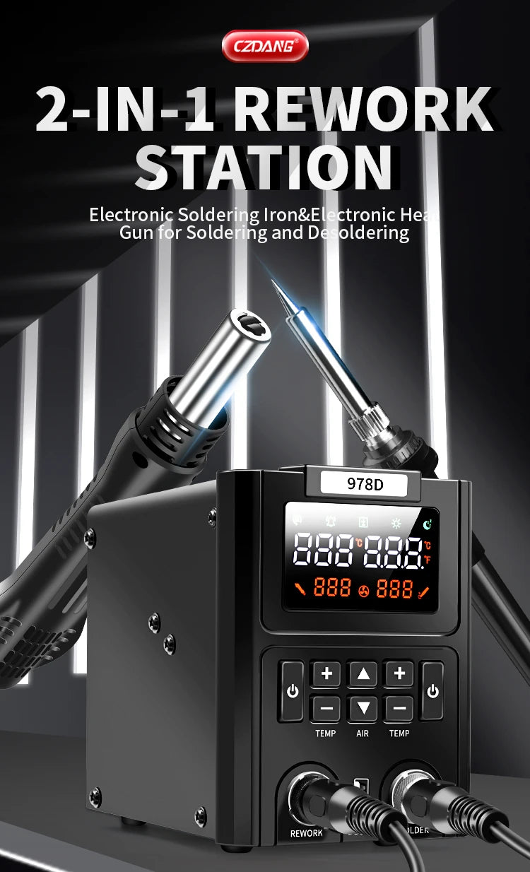 2-in-1 Hot Air Heat Gun and Soldering Iron - SMD Rework Station Dual LED Display