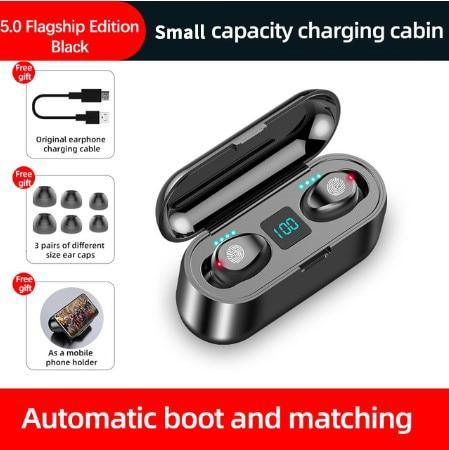 Black wireless earbuds in charging case with accessories on a white background