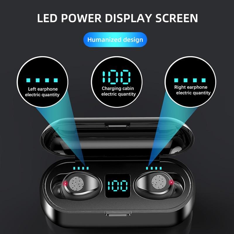 Wireless earbuds with charging case and LED power display screen on a black background
