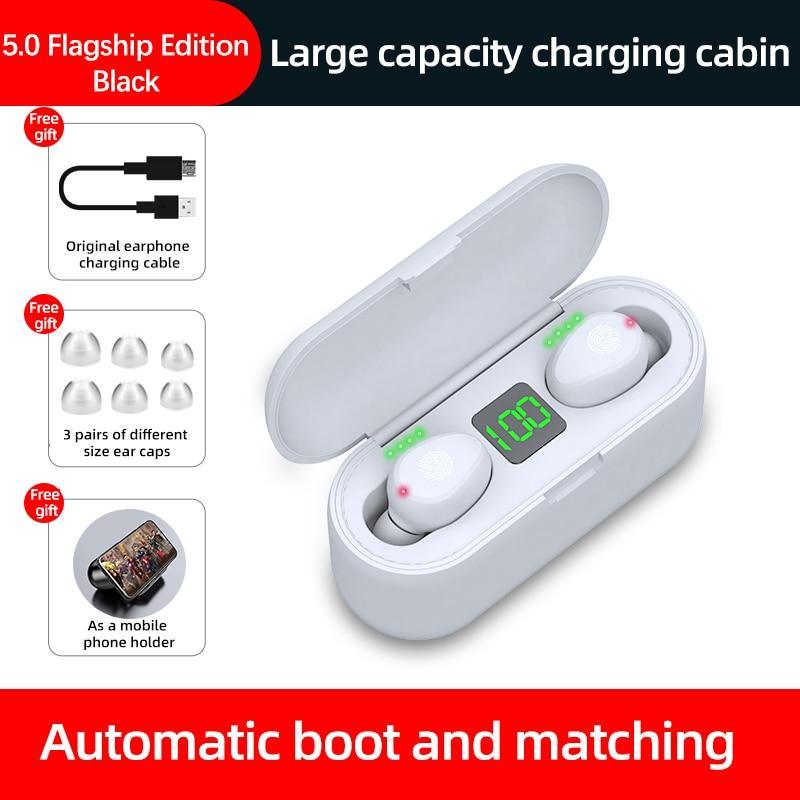 White wireless earbuds with charging case and accessories on a white background