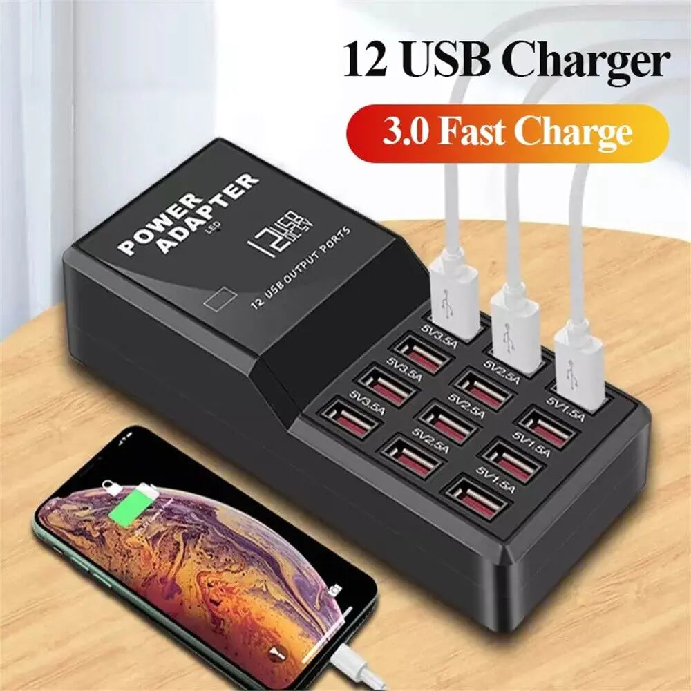 12-Port USB Charging Station Hub — Desktop & Wall Phone Charger Organizer