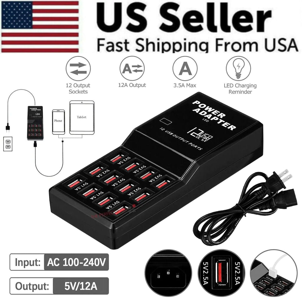 12-Port USB Charging Station Hub — Desktop & Wall Phone Charger Organizer
