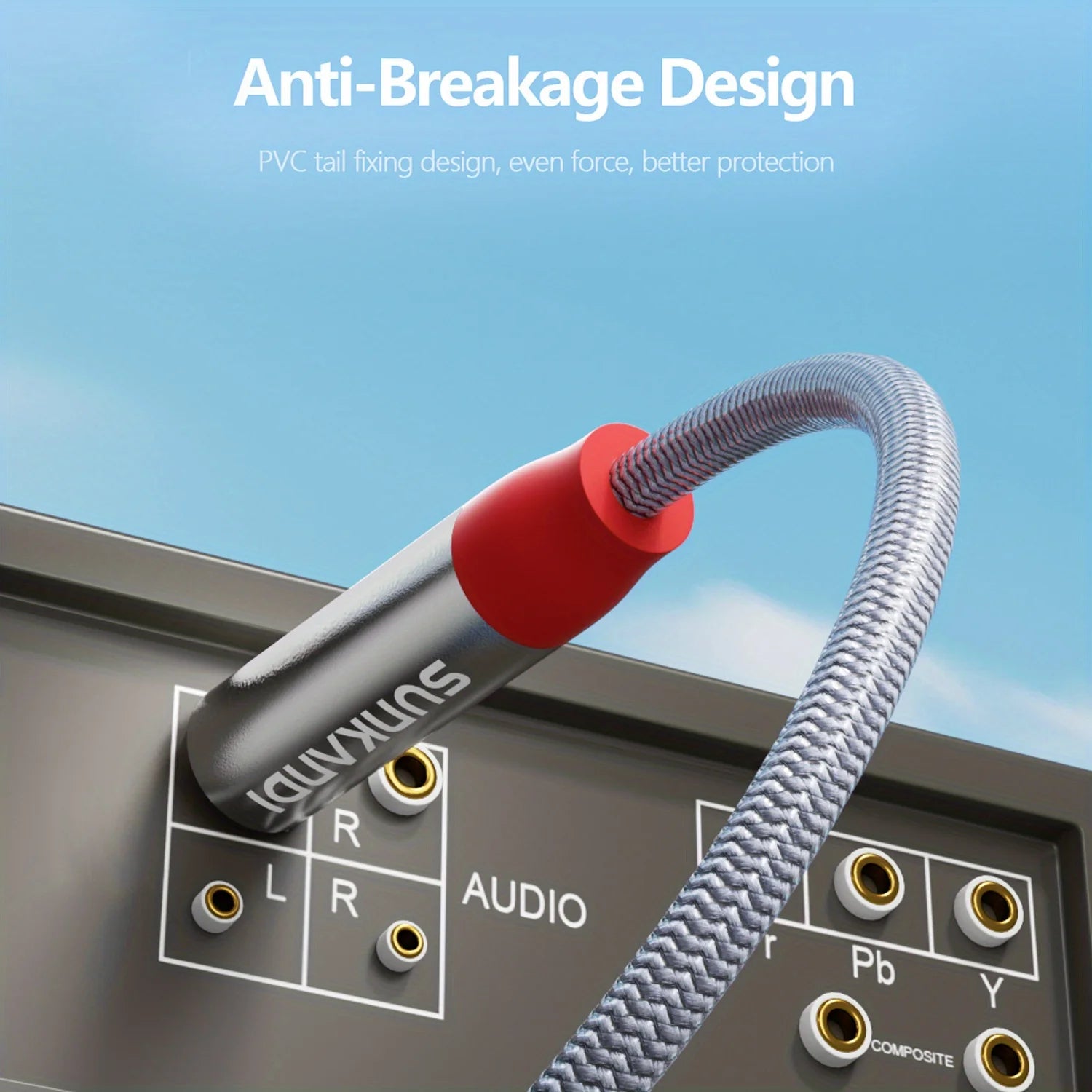Audio cable with red connector on a device with audio ports, labeled 'Anti-Breakage Design'.