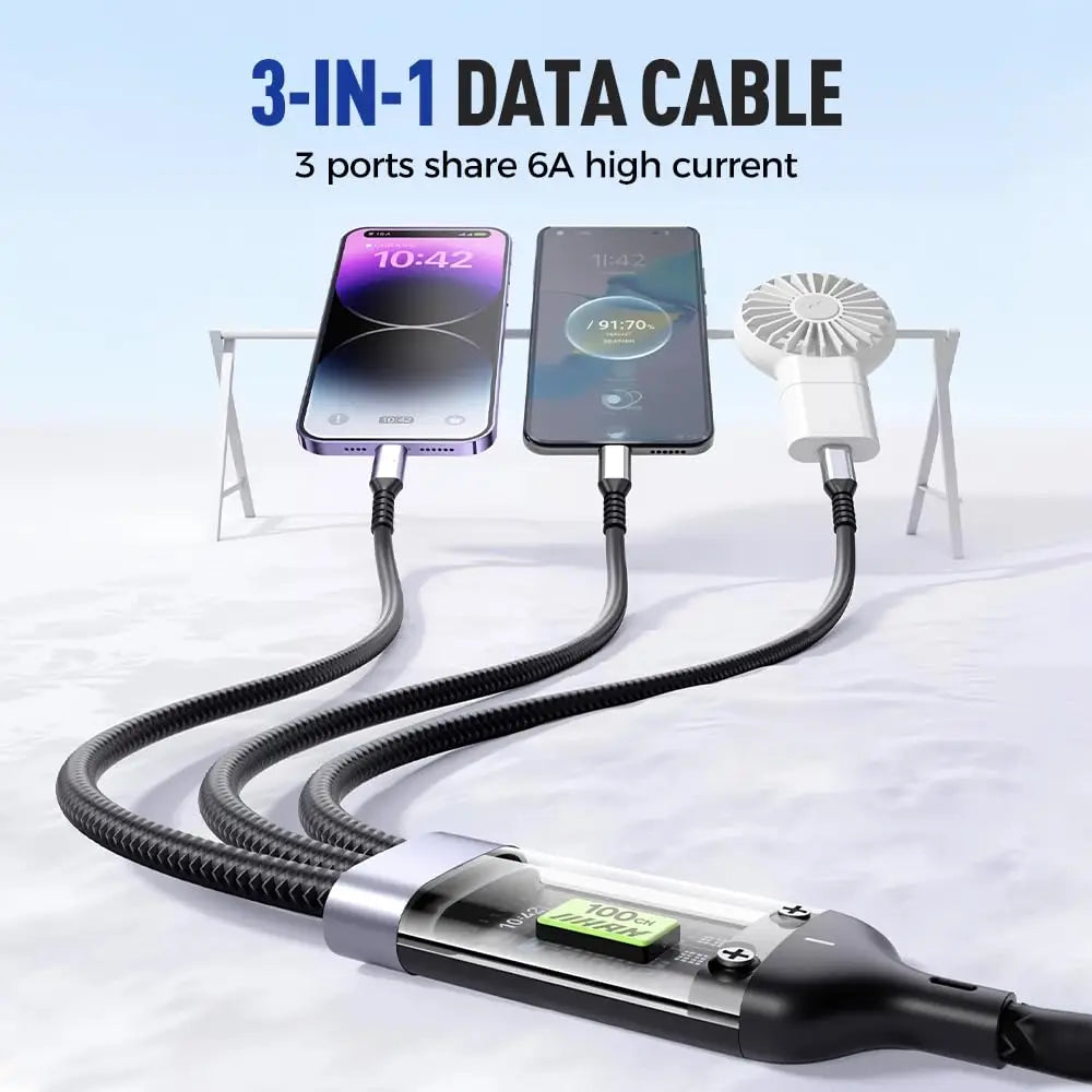 100W Transparent Luminous 3-in-1 Super Fast Charging Cable with LED Display, USB C to Lightning/USB A/Micro Adapter