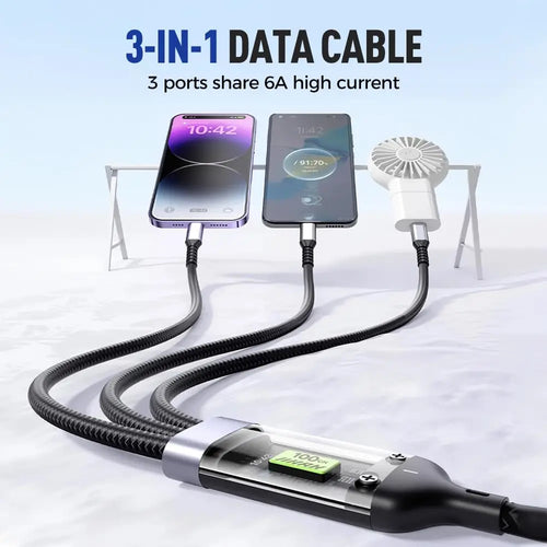 100W Transparent Luminous 3-in-1 Super Fast Charging Cable with LED Display, USB C to Lightning/USB A/Micro Adapter