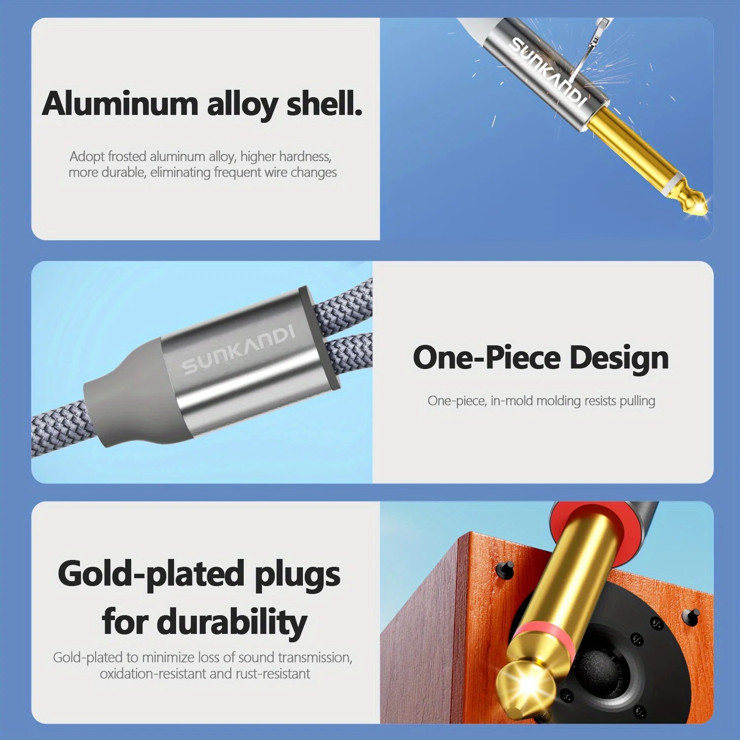 Product features with gold-plated plugs, aluminum alloy shell, and one-piece design on a blue background.