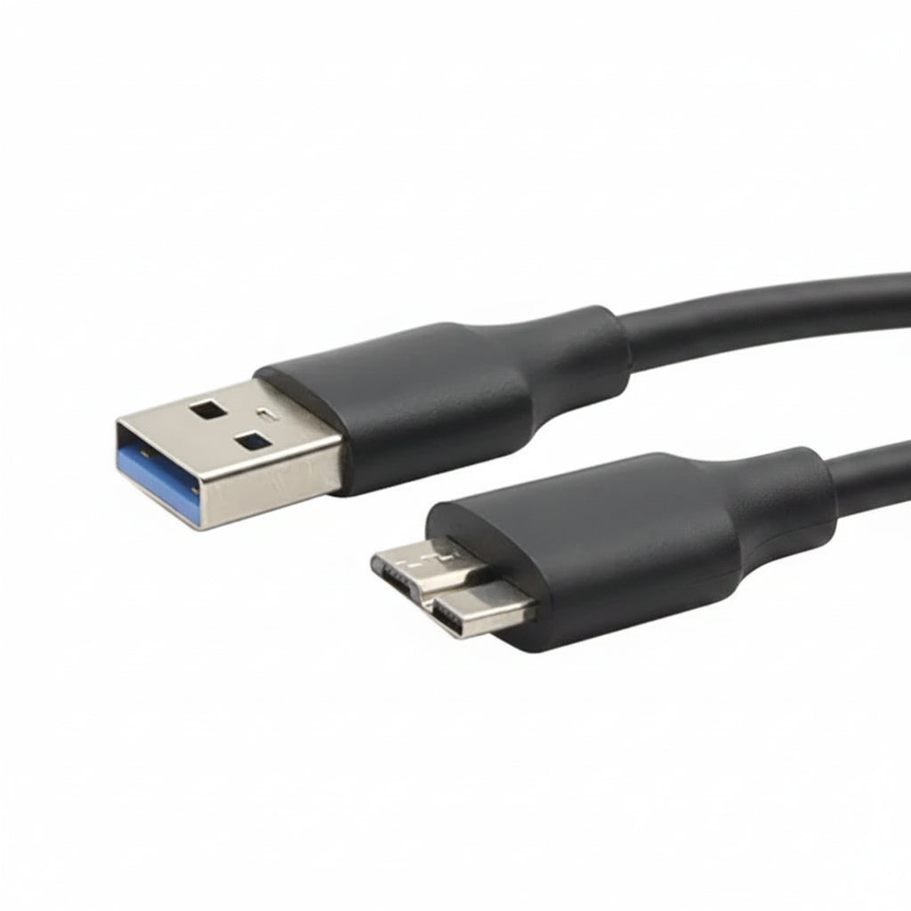 Black USB cable with one end being USB Type-A and the other end being micro-USB on a white background.