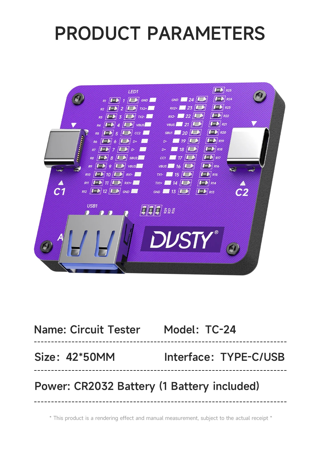 DUSTY TC-24 Type-C Cable Tester CR2032 Battery Powered 24 Pin Fast Charging Wire Continuity Checker For Phone Repair Tools