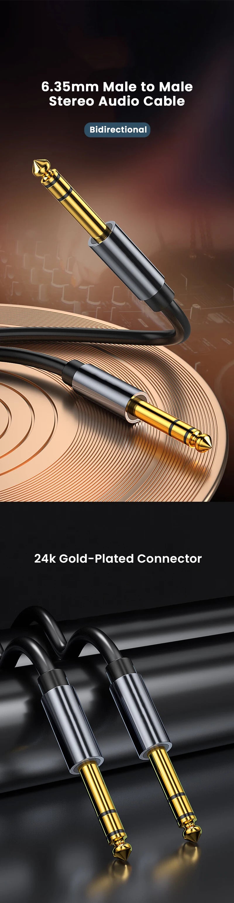Professional 1/4" TS Instrument Cable | OFC Core | 24K Gold Connectors | 1m–3m