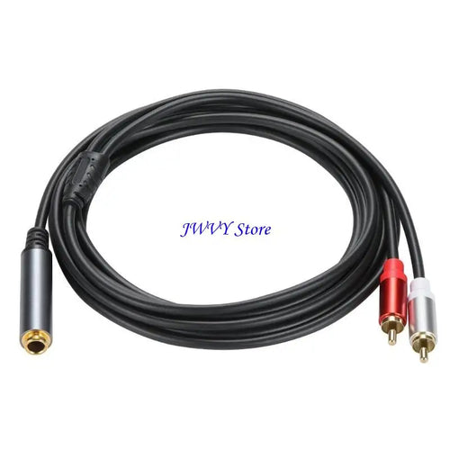 Coiled audio cable with RCA connectors on a white background