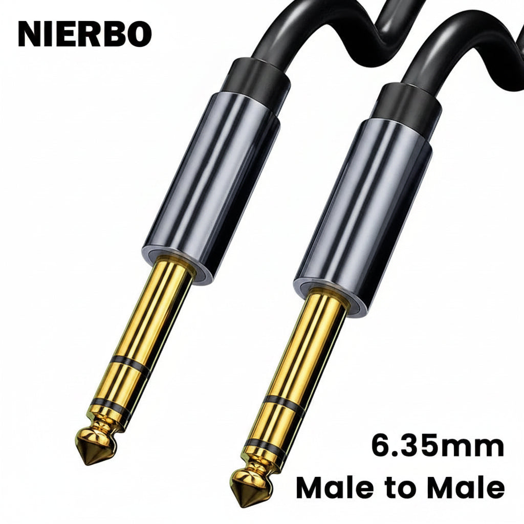 Pair of 6.35mm male to male audio cables with NIERBO branding on a dark background.