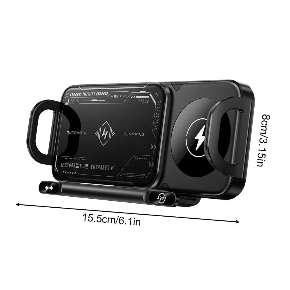 Black vehicle phone mount with dimensions on a white background