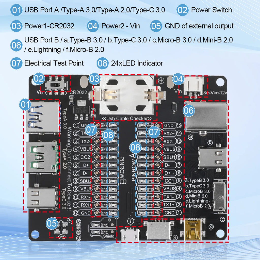 Black Cable Checker Test Board LED Indicators For Data Line Testing USB Line Data Line Test Board Without Shell
