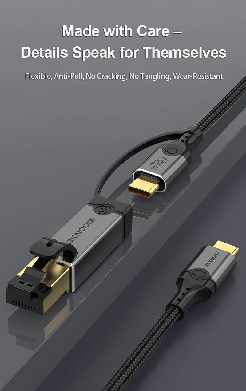 USB C to Gigabit Ethernet Cable 3 in 1 4K@60Hz Video Output 100W PD Fast Charging USB 3.2 20Gbps Transmission for Laptop Phone