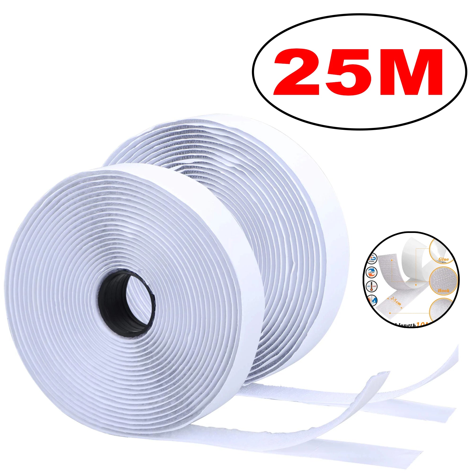 Self-Adhesive Hook & Loop Velcro Tape — Black & White, 20–50mm Width