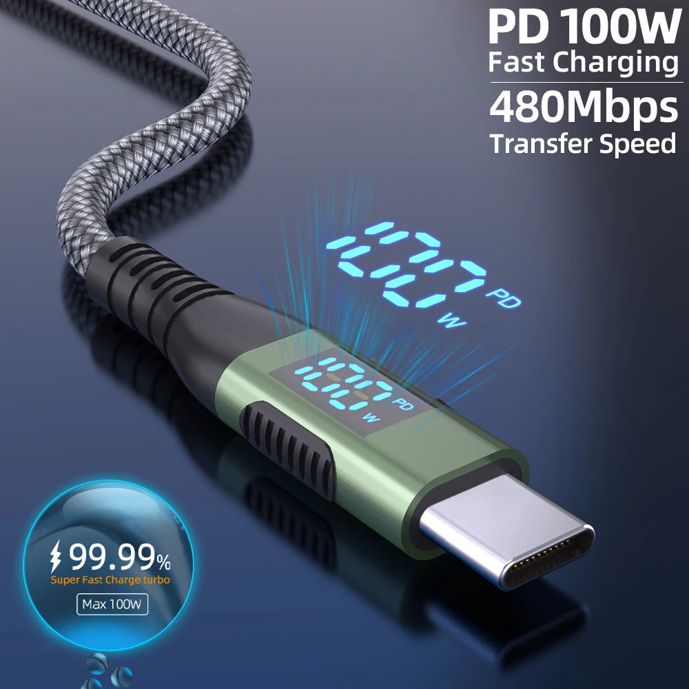 100W USB-C to USB-C Cable – PD 5A Fast Charging, LED Display, Nylon Braided for iPhone 16/15, MacBook & iPad