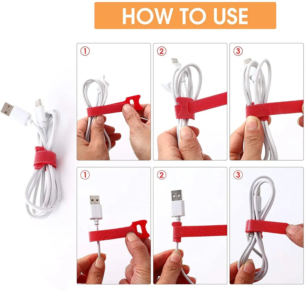 T-Type Self-Adhesive Hook & Loop Cable Ties — Reusable Nylon Velcro Straps (50 Pack)