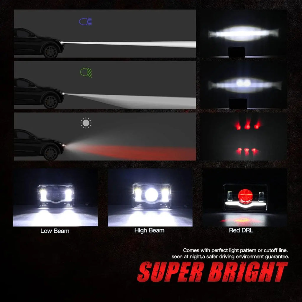 4x6 LED Headlight with White Halo DRL and Amber H4 Plug - 1 PC