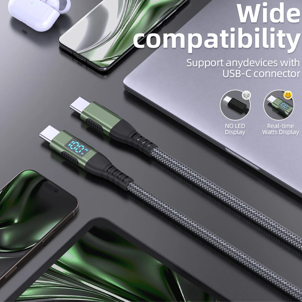 100W USB-C to USB-C Cable – PD 5A Fast Charging, LED Display, Nylon Braided for iPhone 16/15, MacBook & iPad