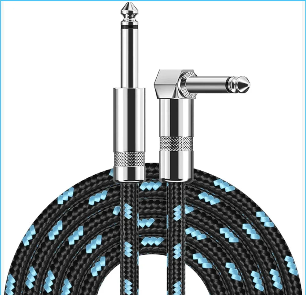 Black and blue braided audio cable with silver connector on a white background