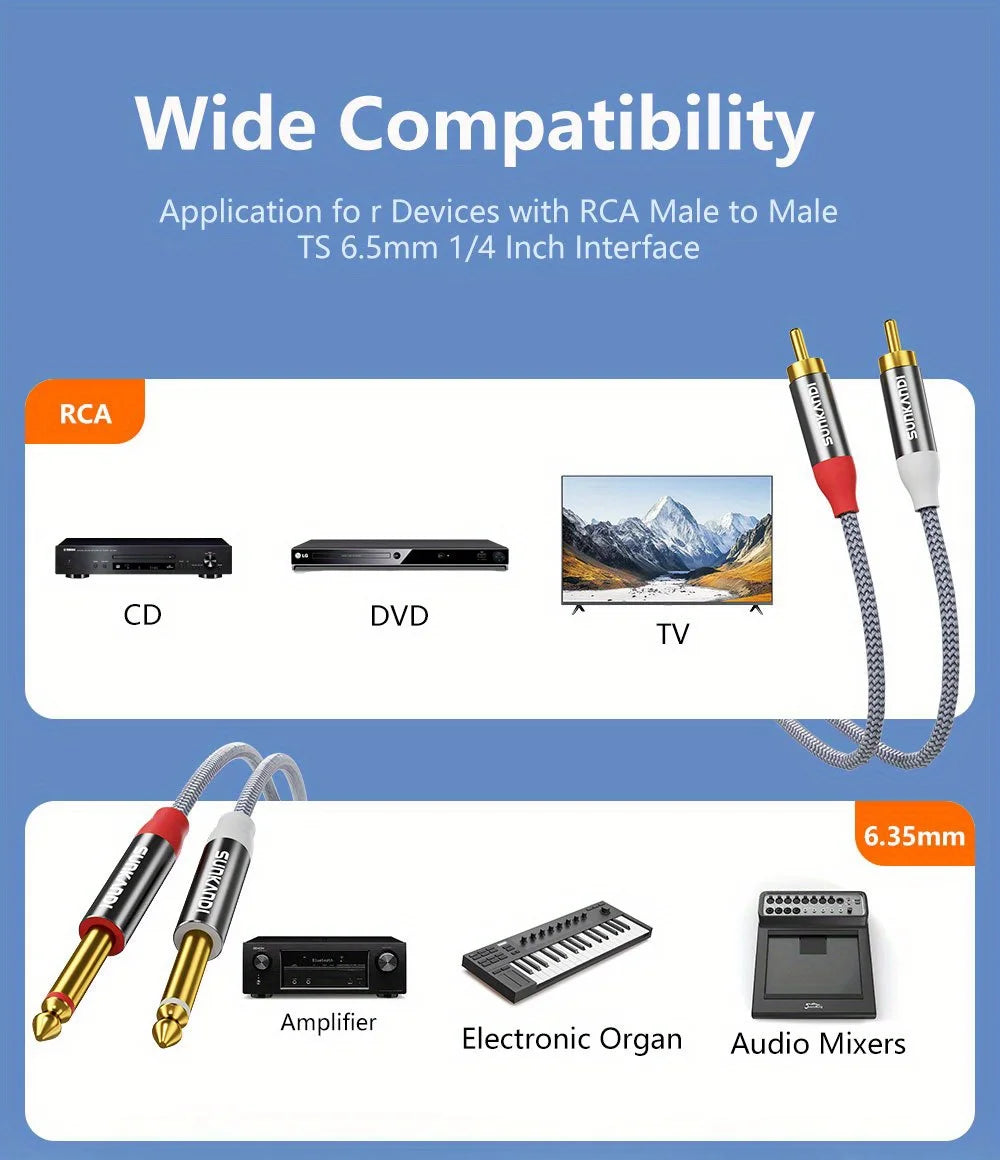 RCA audio cable compatibility with electronic devices on a blue background