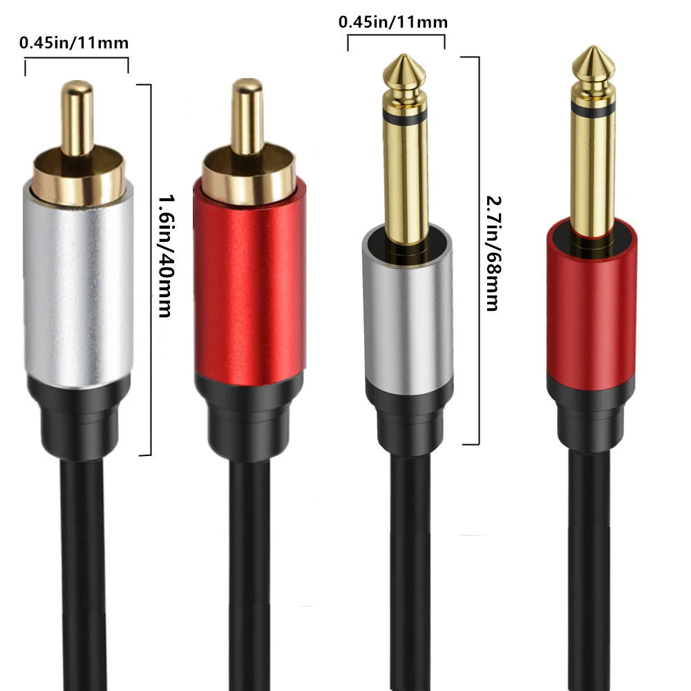 Four audio plug connectors with measurements on a white background