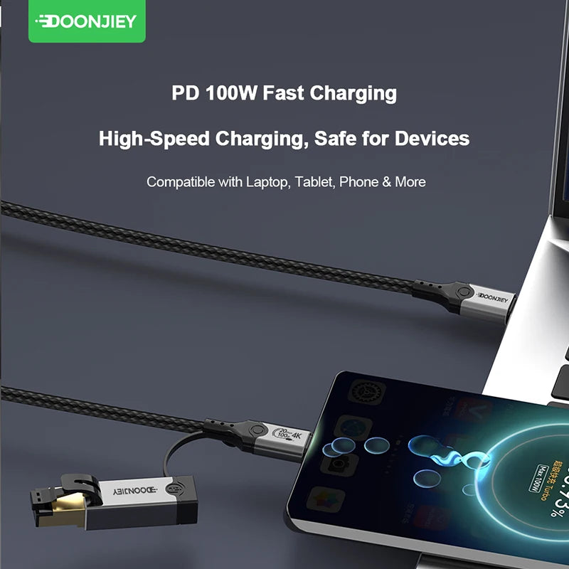 USB C to Gigabit Ethernet Cable 3 in 1 4K@60Hz Video Output 100W PD Fast Charging USB 3.2 20Gbps Transmission for Laptop Phone
