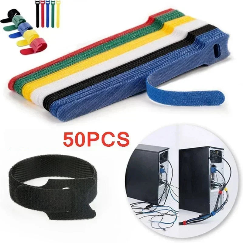 T-Type Self-Adhesive Hook & Loop Cable Ties — Reusable Nylon Velcro Straps (50 Pack)