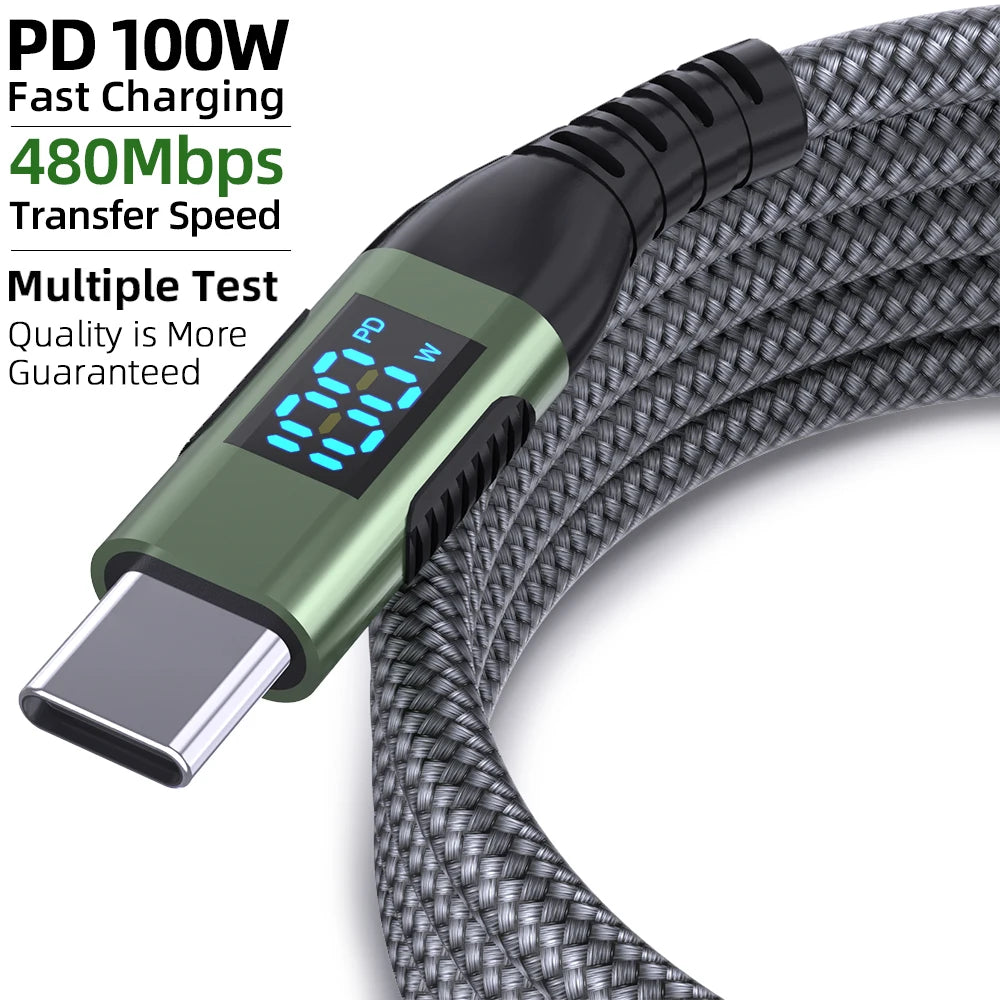 100W USB-C to USB-C Cable – PD 5A Fast Charging, LED Display, Nylon Braided for iPhone 16/15, MacBook & iPad