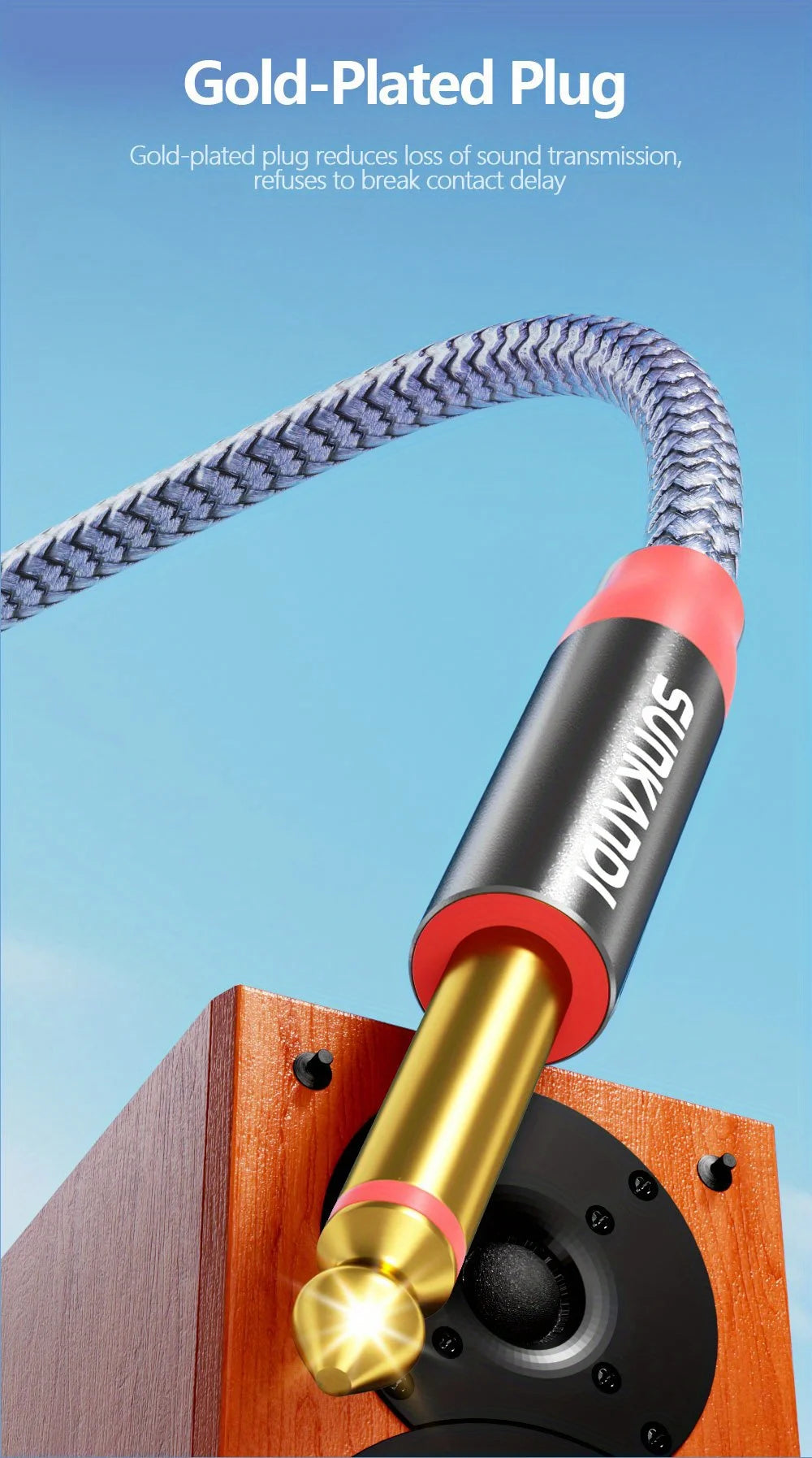 Gold-plated audio plug with red accents on a blue background