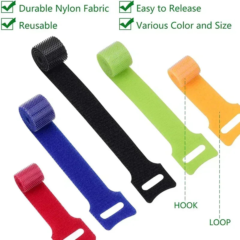 T-Type Self-Adhesive Hook & Loop Cable Ties — Reusable Nylon Velcro Straps (50 Pack)