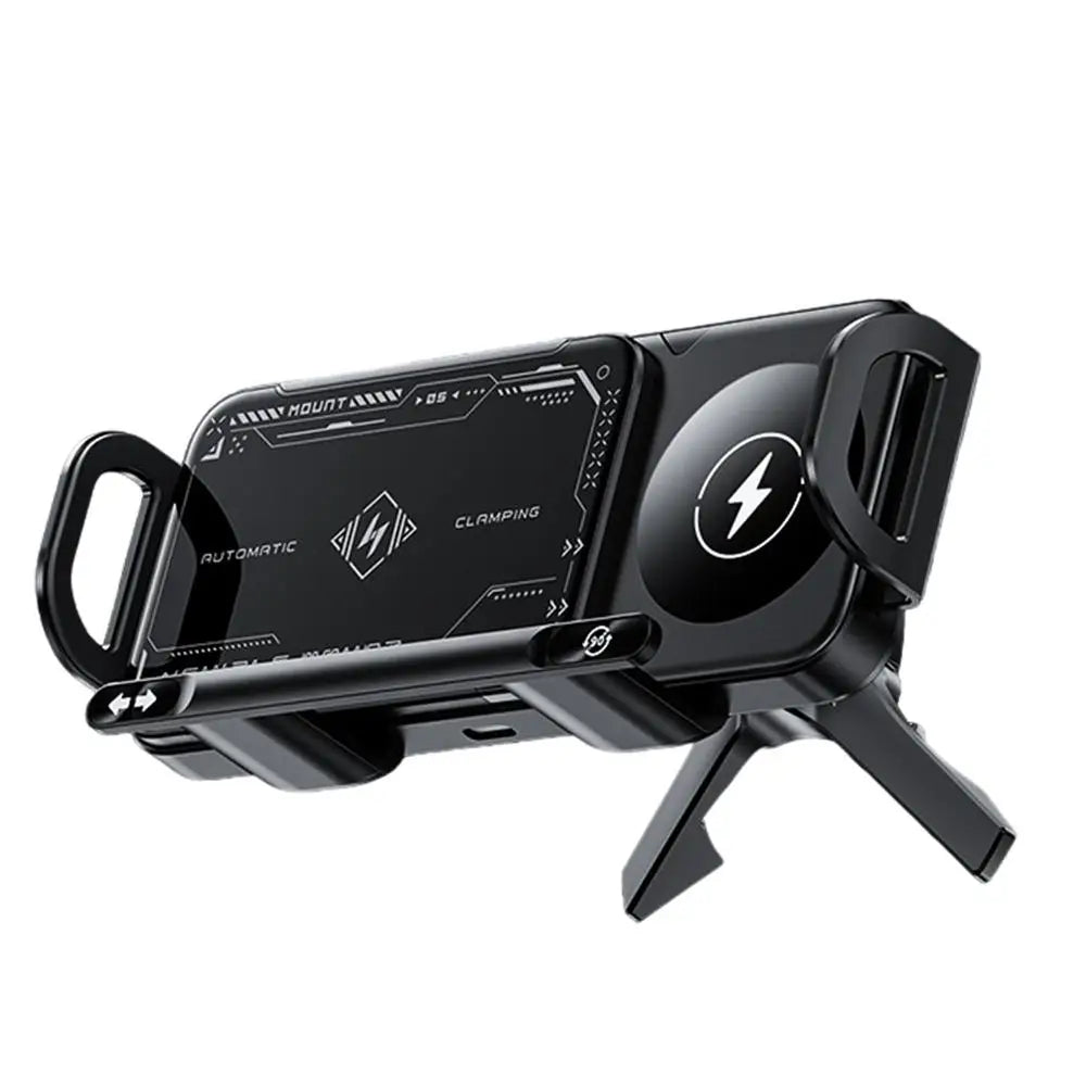Black phone mount with digital display on a white background