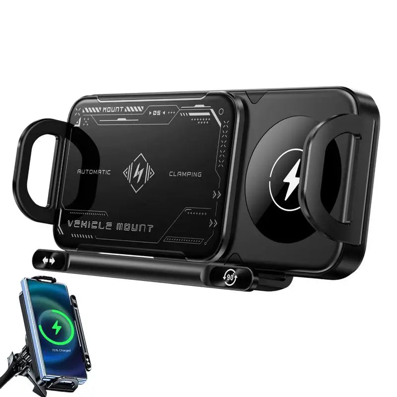 Black vehicle phone mount with smartphone on a white background