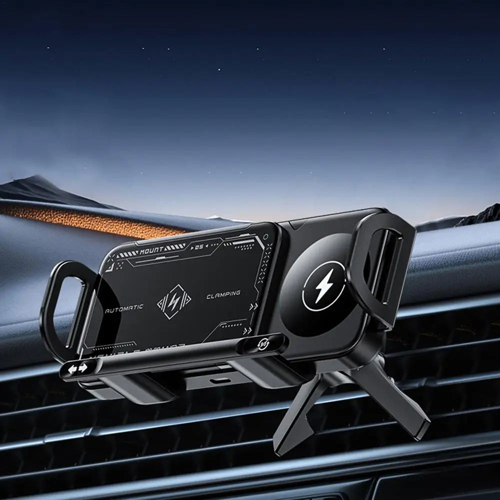 Car phone holder on a car's grille with a starry night sky background