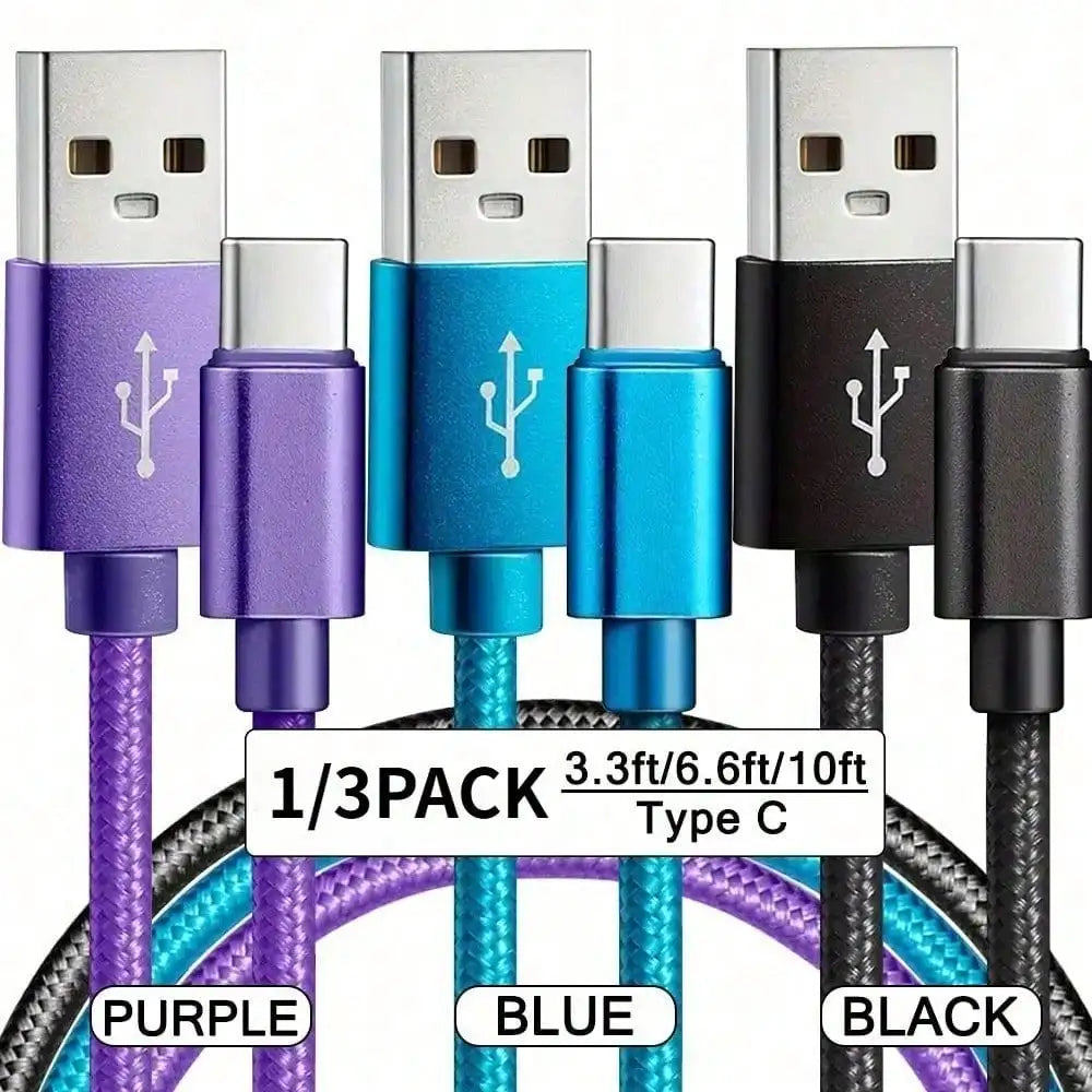 1/3PCS USB Type C Fast Charging Cable, Android Phone 3.3ft/6.6ft /9.9ft Long  USB A To USB-C High Speed Charger Data Cable