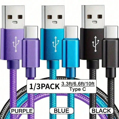 1/3PCS USB Type C Fast Charging Cable, Android Phone 3.3ft/6.6ft /9.9ft Long  USB A To USB-C High Speed Charger Data Cable