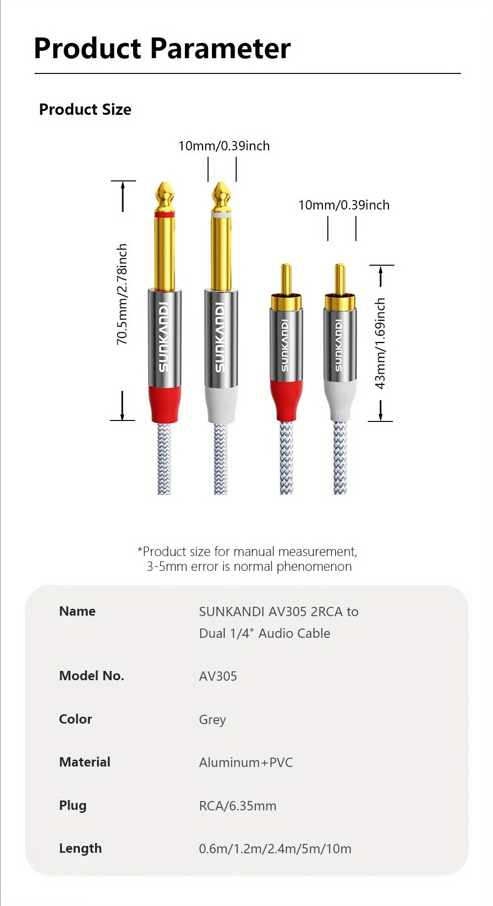 Technical specifications of audio cable with measurements and product details.