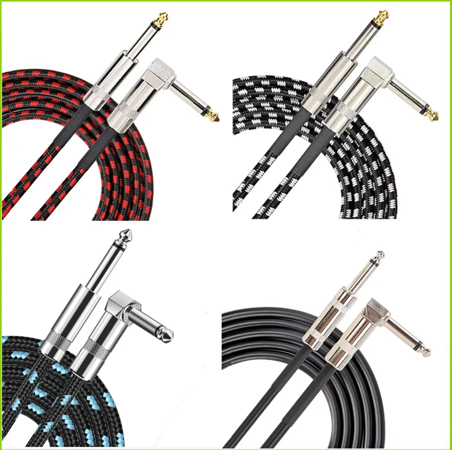 Set of guitar cables with different color patterns on a white background