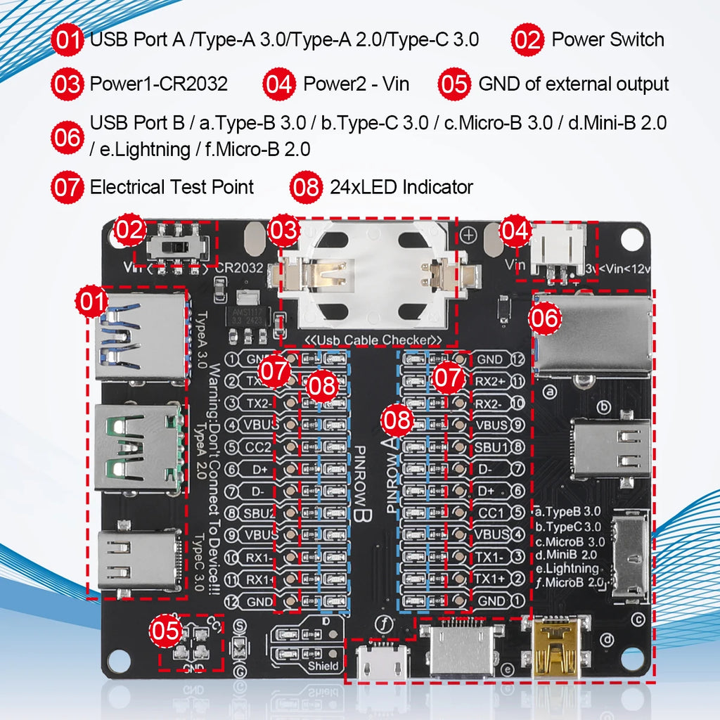 Black Cable Checker Test Board LED Indicators For Data Line Testing USB Line Data Line Test Board Without Shell