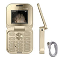 Gold flip phone with USB cable on a white background