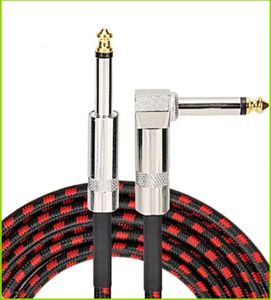 Guitar cable with silver connector and braided red and black jacket on a white background