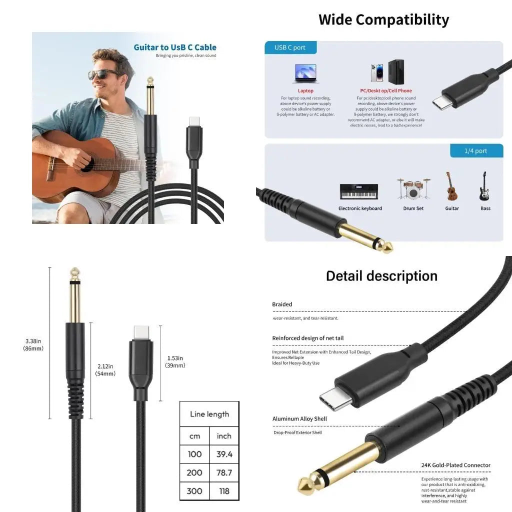 Guitar to USB-C cable with compatibility and detail description on a white background