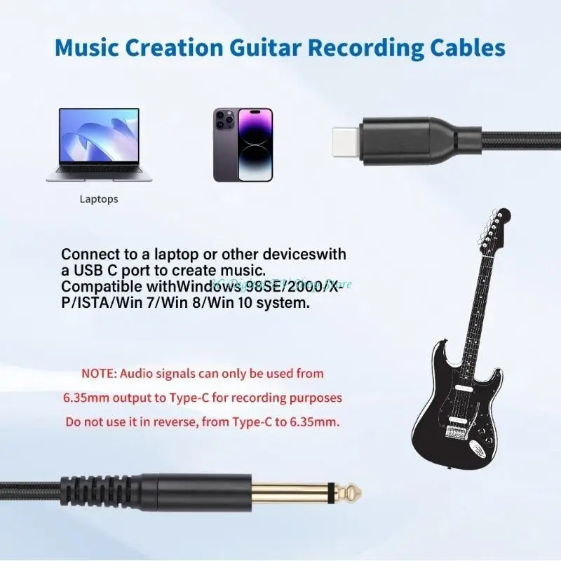 Music creation guitar recording cables with laptop, phone, and guitar illustration on a light blue background.