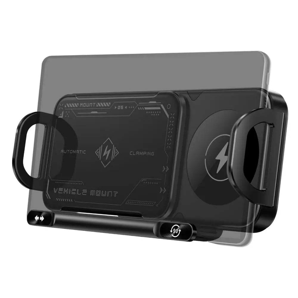 Black phone mount with clamping mechanism on a white background