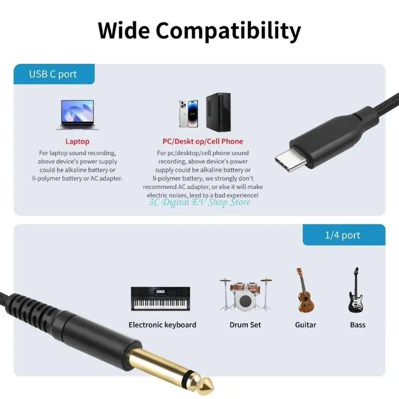 Diagram showing compatibility of a USB-C and 1/4 inch cable with electronic devices.